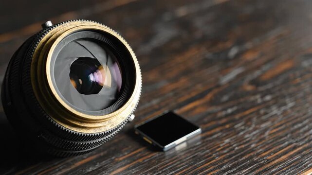 Aperture blades closing inside a camera lens. Mechanical iris mechanism sequence showing lens focus adjustment. Optical equipment technology and cinema gear concept
