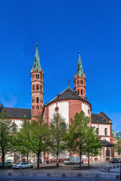Wurzburg Cathedral east facade view from the apse in Wurzburg, Germany. Exterior perspective on a sunny day