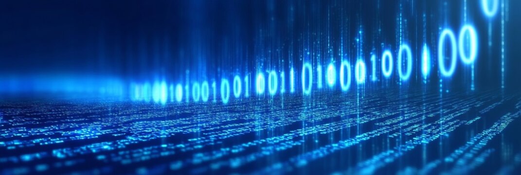 Futuristic Digital Binary Code Flow in Abstract Blue Background Representing Data and Cyberspace