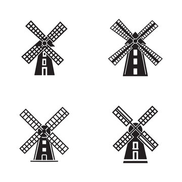 Four black silhouettes of traditional Dutch windmills with white details on white background