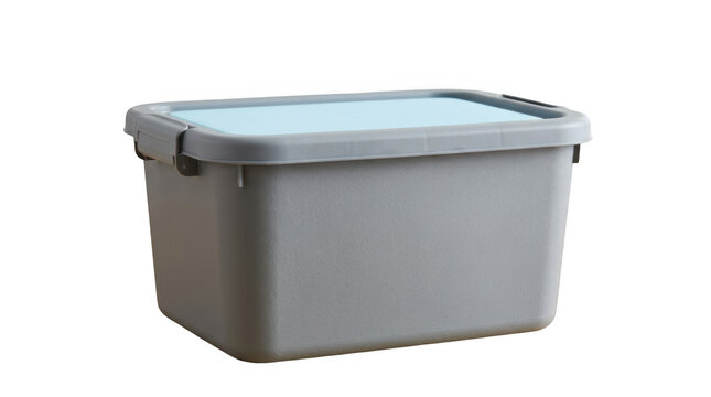 Gray plastic storage bin with lid