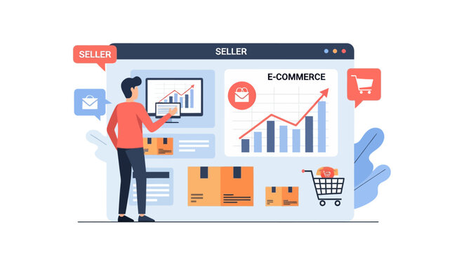 E-commerce seller managing online store dashboard, optimizing sales and digital marketing strategies for business growth and successful digital entrepreneurship.