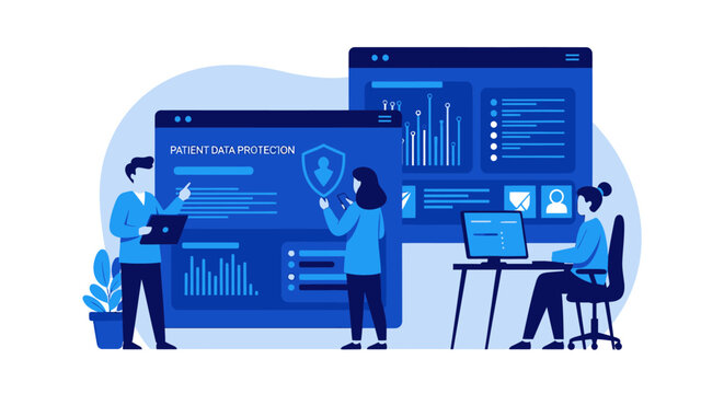 Team of professionals working on patient data protection and cybersecurity in a modern office setting.