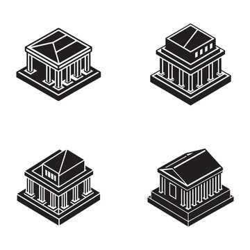 Isometric illustrations of various ancient greek or roman style buildings with columns and triangular roofs  architectural icons set