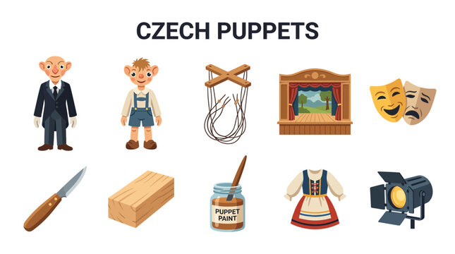 Collection of Czech Puppets and Theater Elements.
