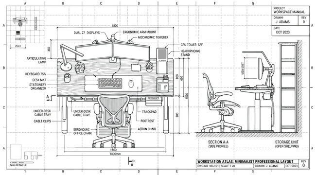 Technical blueprint of a modern professional workstation layout with detailed dimensions and furniture specifications