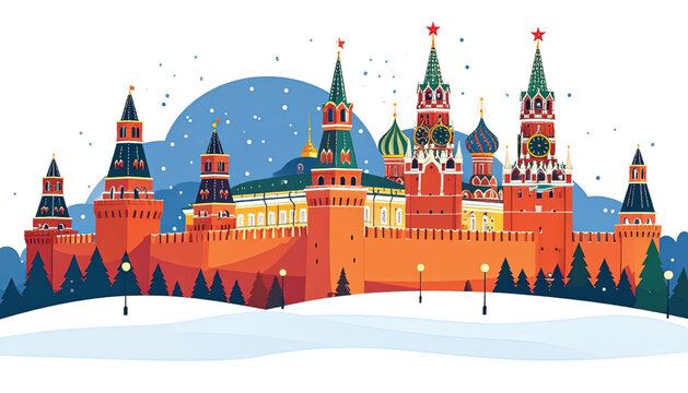 Moscow Kremlin Winter Landscape Illustration.