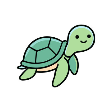 Smiling green cartoon turtle character.
