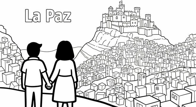 Couple holding hands with scenic La Paz illustration behind them.