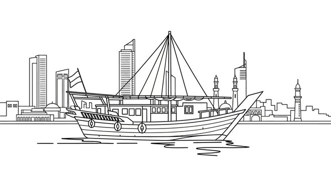 Traditional wooden dhow boat with cityscape outline sketch.