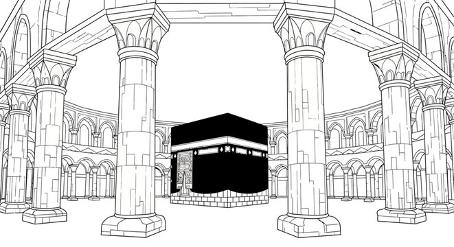 Detailed Illustration of Kaaba Inside Grand Mosque Structure.