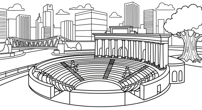 Outdoor amphitheater illustration with urban cityscape backdrop.