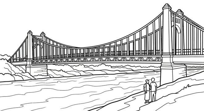 Illustrated suspension bridge over flowing river with pedestrians.