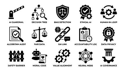 Fototapeta premium Black and white AI ethics and governance icon set
