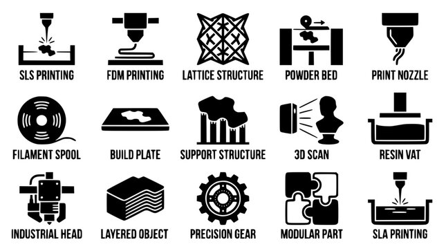 Black icons of 3D printing technology and its components