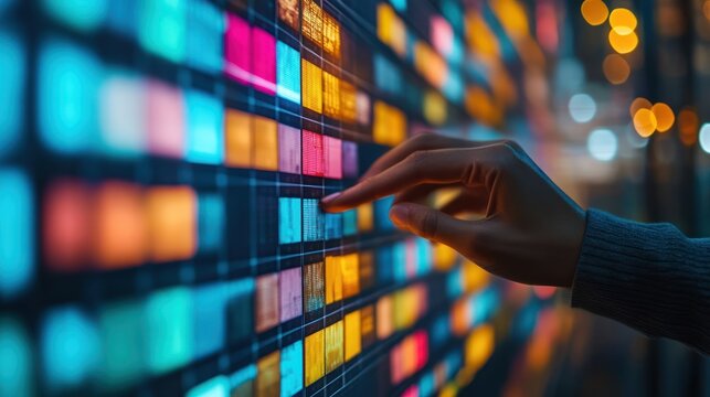 Hand interacts with vibrant data wall at night; city lights blur in background; useful for tech, finance, or data analysis
