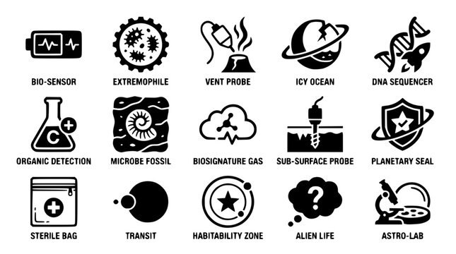 Black and white illustration of various space and science icons