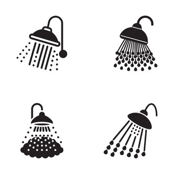 Four black shower head icons with water droplets on white background