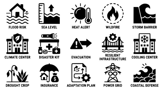 Climate change icons for disaster preparedness and mitigation strategies