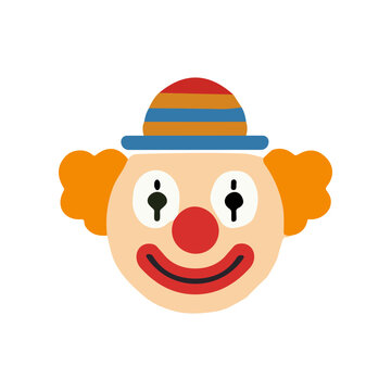 Clown face with colorful hat on.