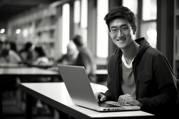 Fototapeta premium Smiling Asian student laptop photography university.
