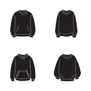 Four black sweatshirts with white outlines on a white background for fashion design or clothing concepts  various styles and views