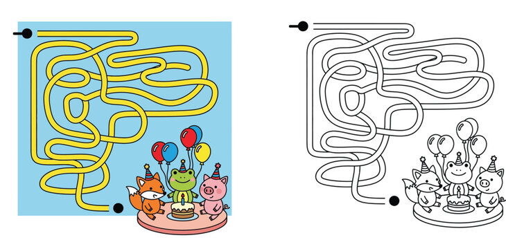 Children maze activity worksheet with cute cartoon animals celebrating birthday party, educational puzzle game with coloring page for kids, vector illustration