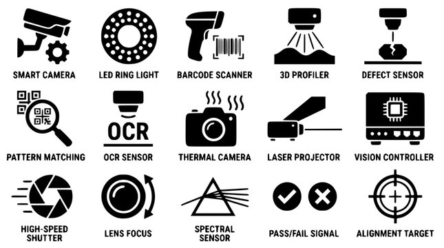 Industrial machine vision system components and technology icons