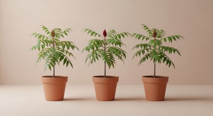 Fototapeta premium Three potted plants with green leaves and brown pots on a neutral background.