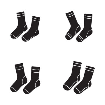 Four pairs of identical black socks with white outlines and stripes on white background  various matching foot clothing