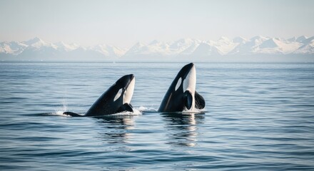 Fototapeta premium Two Orcas Emerge from the Ocean with Mountains in the Background.