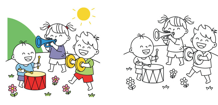 Children playing musical instruments cartoon illustration and coloring page set with kids playing drum trumpet and cymbals
