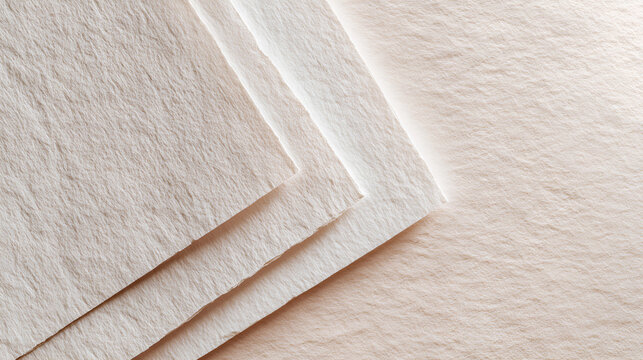 Textured handmade paper sheets layered in a top down view, showing the rough surface and delicate deckle edges, creating an organic and natural background pattern
