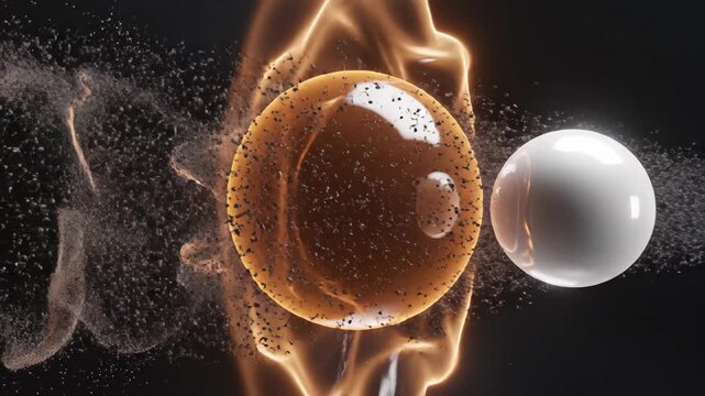 White sphere colliding with a golden liquid orb. Dynamic fluid simulation of a ball impact creating splashing particles. Science experiment and energy motion 3d render