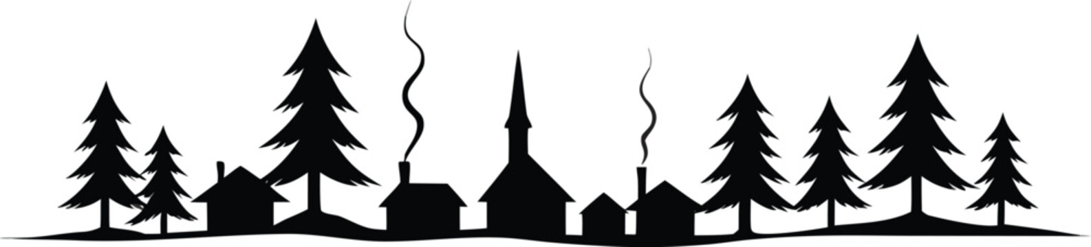 Black silhouette village, rural landscape, winter scene, graphic illustration, vector icons
