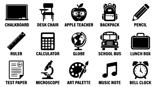 School supplies and education icons in black and white colors