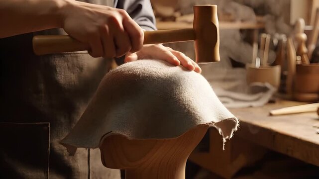 Milliner stretching steaming hot felt over a wooden hat block and shaping it with a wooden mallet in a crafting workshop