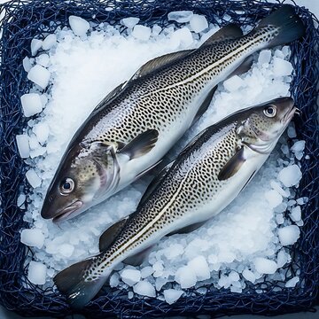 fresh, whole Atlantic Cod (Torsk) on a bed of crushed ice and blue fishing net material, simulating a market display.