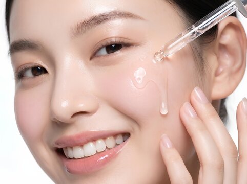 輝くような美肌の若いアジア人女性が、スポイトを使って頬に透明な美容液（セラム）を落とし明るく微笑んでいるクローズアップ。白背景をバックに、高保湿、アンチエイジング、フレッシュなスキンケアルーティンのコンセプトを表現。
