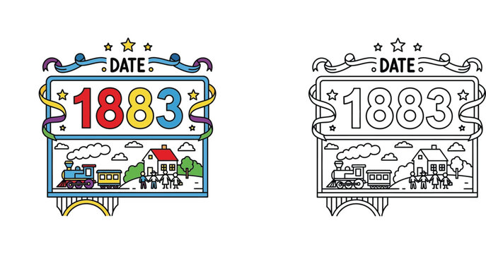 Historical year 1883 banner vector illustration with colored version and black and white coloring page outline featuring steam train locomotive, house, and family