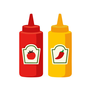 Ketchup and mustard condiment bottles.