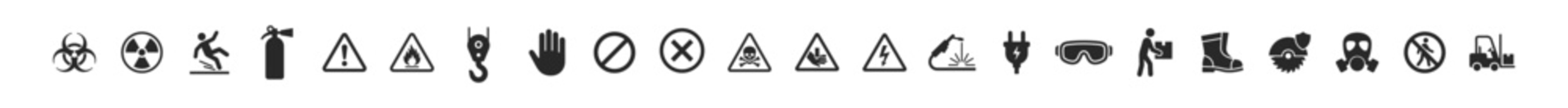 Set of various safety and hazard warning icons including biohazard, radiation, slipping, fire extinguisher, caution signs, no entry, electrical hazard, protective gear