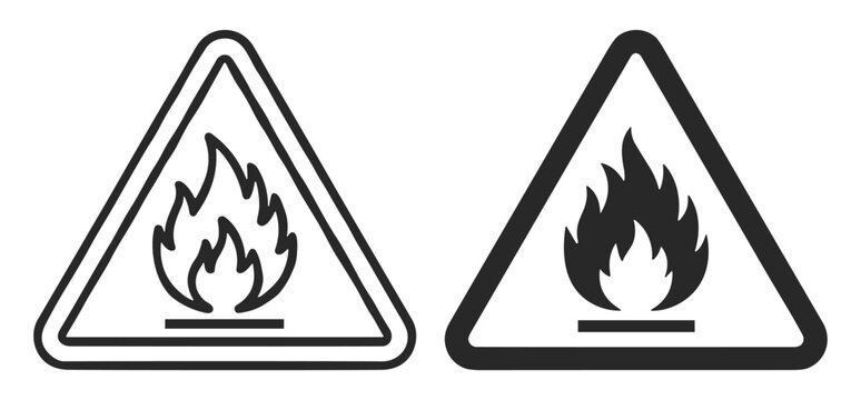 Black and white triangle warning signs with flame symbols indicating flammable or fire hazard on transparent background