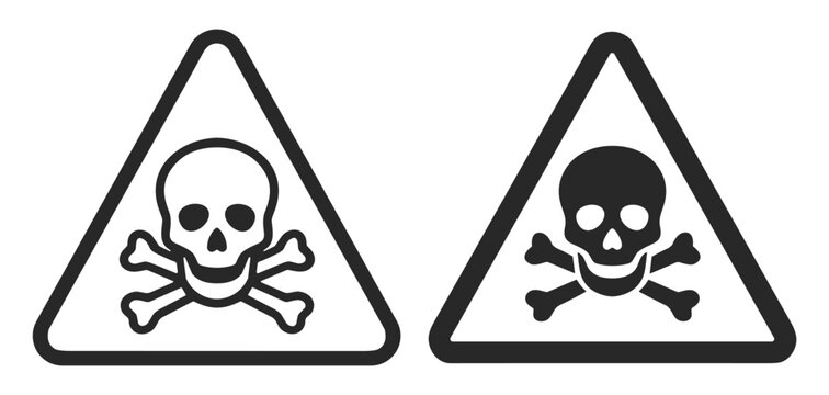 Set of two black and white skull and crossbones warning symbols in triangular frames indicating danger or poison hazard on transparent background