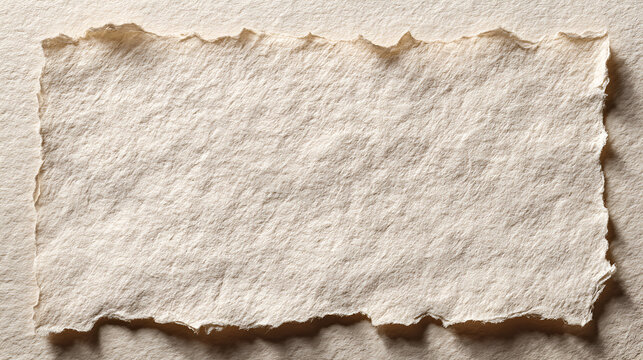 Rough handmade textured paper with torn edges, creating a blank cream colored background or frame for text, design, or artistic concepts