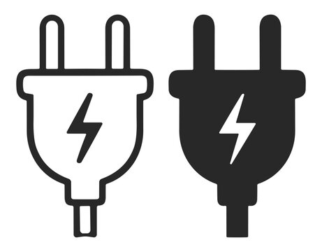 Electric power plug icons with lightning bolt symbol in black and white illustration on transparent background