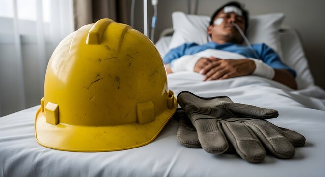 Hard hat and glove beside injured worker lying in hospital bed representing workers compensation work injury claim and recovery.