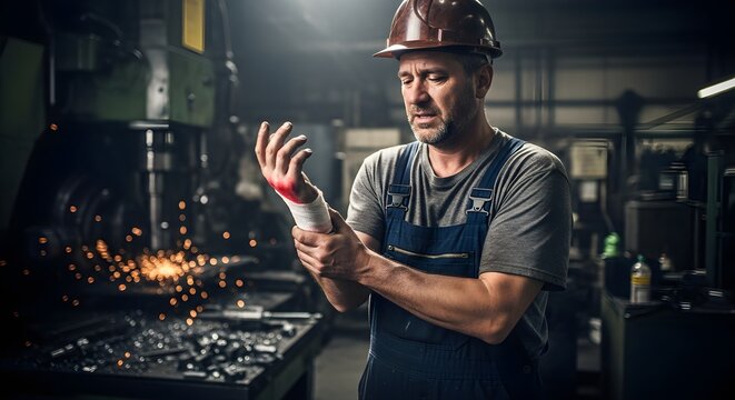Factory worker in hard hat holding injured wrist next to metal grinding sparks, representing workers compensation work injury and workplace accident claim.