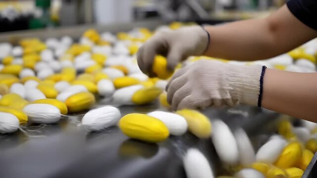 Gloved hands sorting yellow and white silkworm cocoons on a moving factory conveyor belt