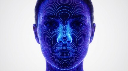 Fototapeta premium Close-up of a human face rendered with intricate blue topographic lines on a white background, showcasing digital mapping and biometric data.